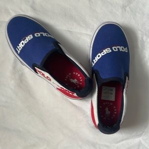 Boys size 12 Polo Sport slip on tennis shoe red white and blue